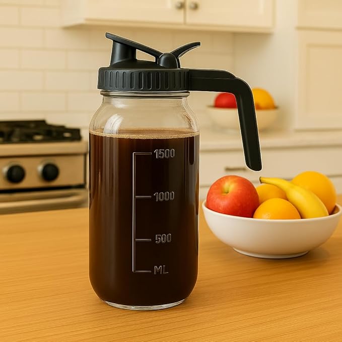 Cold Brew Coffee Maker 64OZ Marson Jars Wide Mouth Glass Picther Spout Lid with Stainless Steel Filter,Leakproof Maker for Iced Tea,Espresso,Lemonade-Black