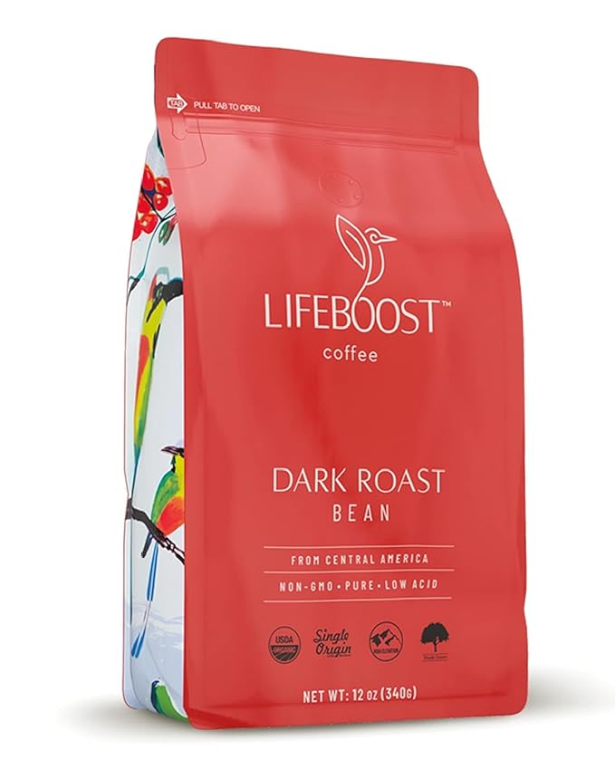 Lifeboost Dark Organic Coffee Beans - Single Origin Non-GMO Dark Roast Low Acid Coffee Beans - Third Party Tested For Mycotoxins & Pesticides - Whole Bean - 12 Ounces