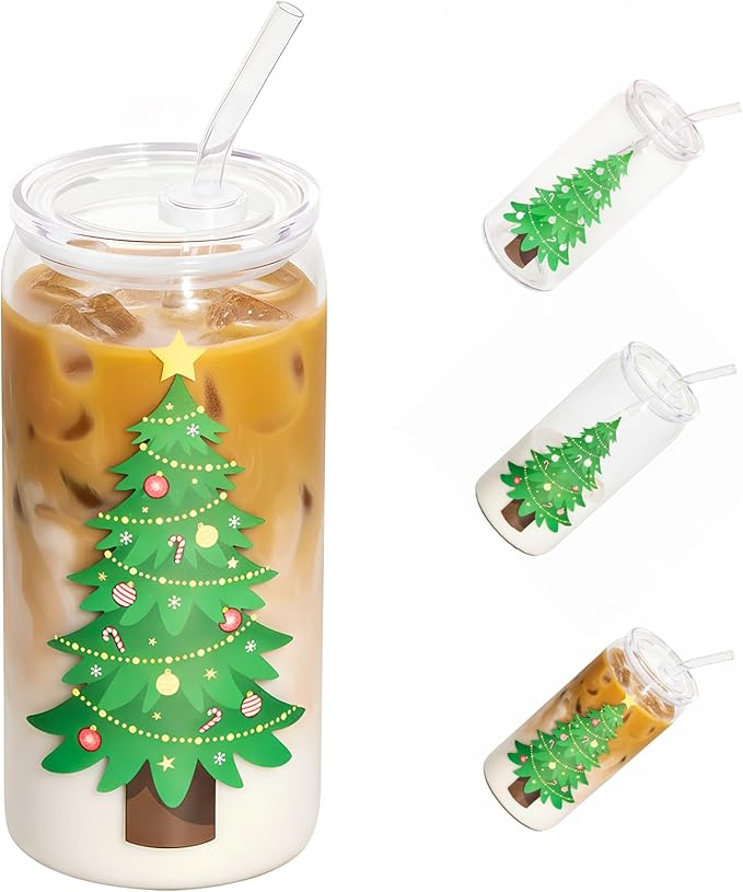 Christmas Gifts, 18oz Color Changing Christmas Glass Cups with Lids and Straw, Glass Tumbler Iced Coffee Drinks Cups for Holiday Party (1 Pack)