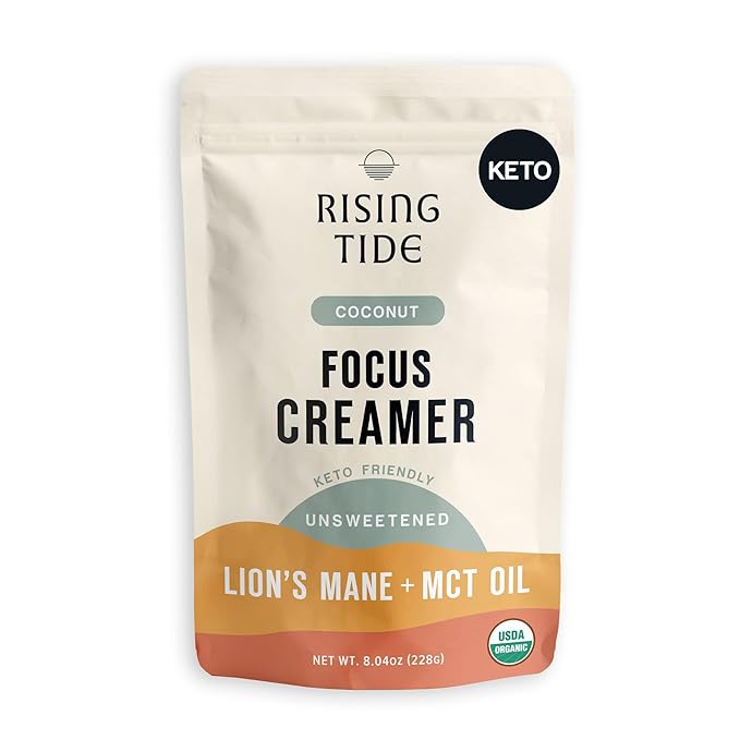 Rising Tide Organic Mushroom Superfood Creamer - Coconut Milk Powder, Lions Mane Mushrooms, & MCT Oil - Dairy Free, Unsweetened, Keto Friendly & Plant-Based - Only 4 Ingredients - Add to Coffee, Matcha or Smoothies