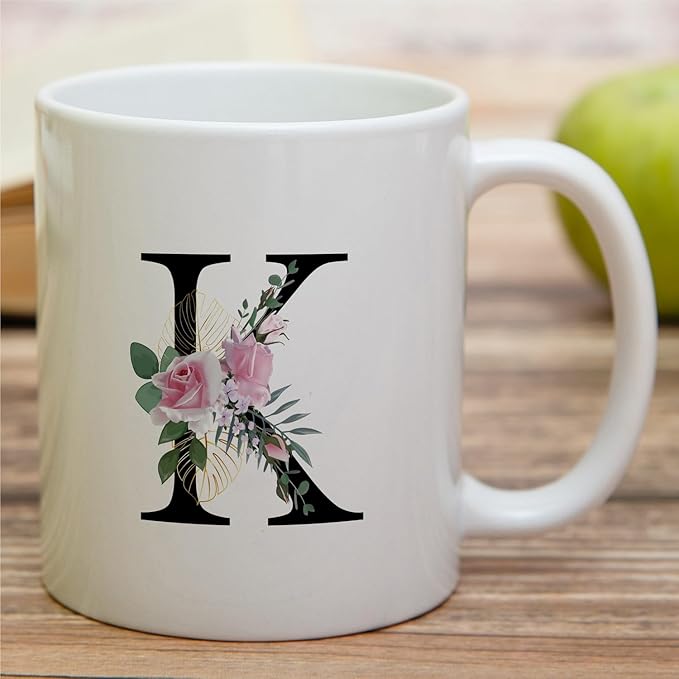Retreez Initial A-Z Floral Botanical Bouquet Alphabet Monogrammed Monogram Mug 11 Oz Ceramic Tea Coffee Mugs - Appreciation Thank You Wedding Birthday Gifts for her friend coworker sister - K Initial