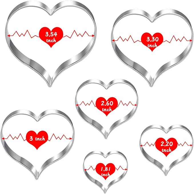 Heart Cookie Cutters Set 6Pcs, Stainless Steel Sturdy Metal Fondant Cookie Cutters Biscuit Mold Kitchen Accessories Tool, Valentine's Day Holiday Birthday Family Party