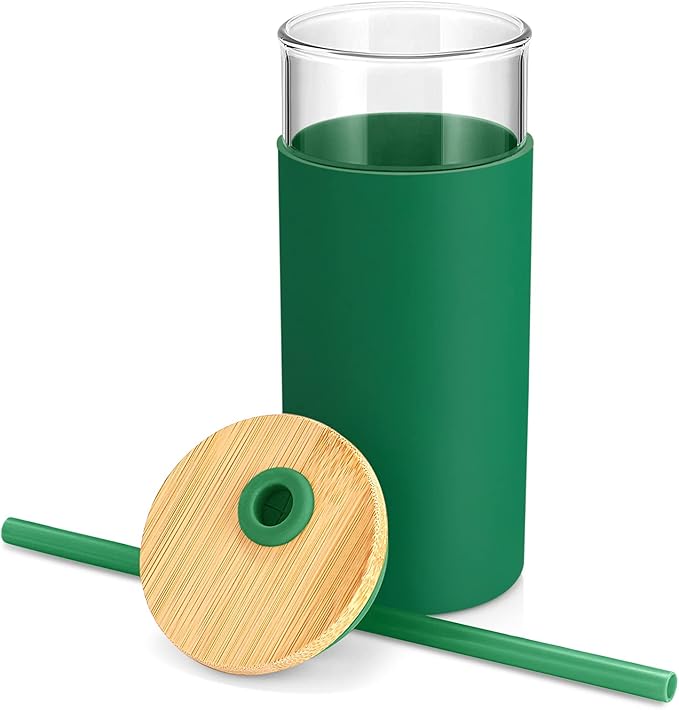 Tronco 20 oz Glass Tumbler with Lid and Straw, Reusable Iced Coffee Cup with Silicone Sleeve & Bamboo Lid, Smoothie Cup for Home,Office, for Father Men Day Gift from Wife Daughter Son (Blackish Green)