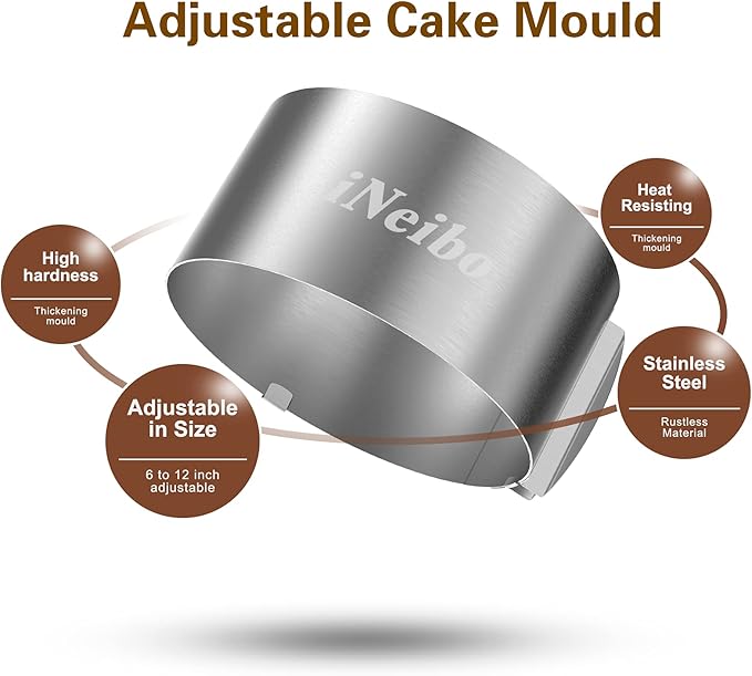 iNeibo Cake Ring and Cake Collar Set, 6 to 12 Inch Adjustable Cake Mousse Mould Set with 6inch Clear Cake Roll, Stainless Steel Pastry Ring, Mousse Ring, Ring Mold for Baking