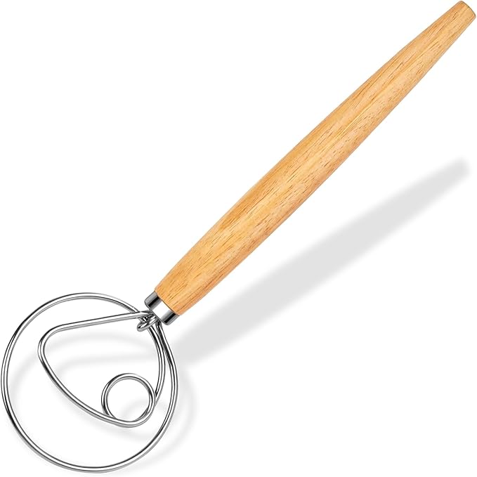 Maxjoy Danish Dough Whisk Wooden Dutch Bread Mixer with Stainless Steel Hook for Sourdough Baking Hand Tool