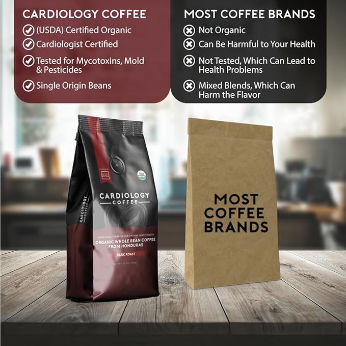 Cardiology Coffee – Whole Bean Coffee – USDA Certified Mold-Free 12oz Premium Dark Roast Coffee Beans - Organic Espresso Beans with Antioxidant Benefits – Perfect for Heart Healthy Lifestyle