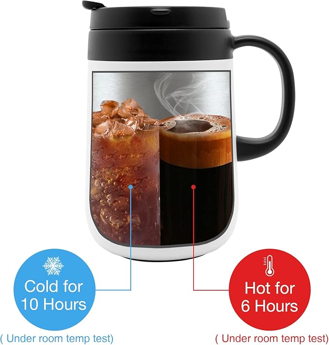 16oz Coffee Mug Cup with Handle, Insulated Stainless Steel Coffee Cup with Lid, Hot and Cold Beverages, Double Walled Vacuum Coffee Thermal Mug for Women and Men, White