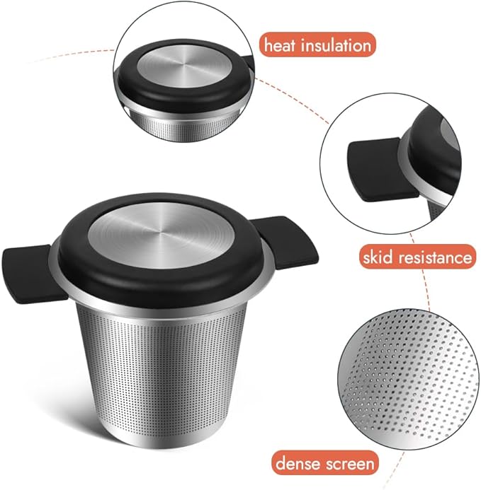 2pcs Tea Infuser for Loose Leaf Tea, Stainless Steel Tea Steeper with Heat Proof Handle, Extra Fine Mesh Tea Strainer, Gift for Tea Lovers (Black, Grey)