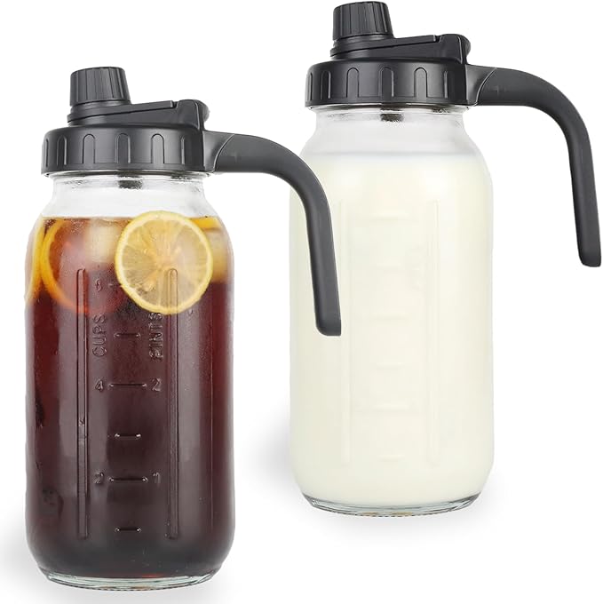 Glass Mason Jar Pitcher with Lid - 2 Quart (64 oz) Wide Mouth Water Jug, Set of 2 - BPA-free, Leak Proof - Sun & Iced Tea Pitcher, Cold Brew Coffee, Breast Milk Storage, Juice, Drink