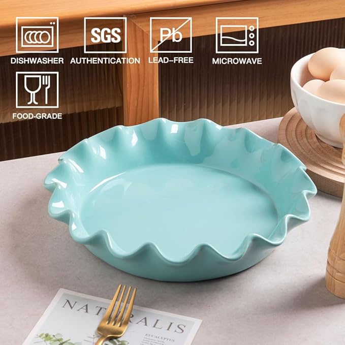 Sweejar Ceramic 11.5 Inches Pie Pan for Baking, Deep and Fluted Porcelain Round Pie Dish, Non-Stick Pie Plate for Pumpkin Pie, Apple Pie, Pie Pots with Morden Farmhouse Design(Turquoise)