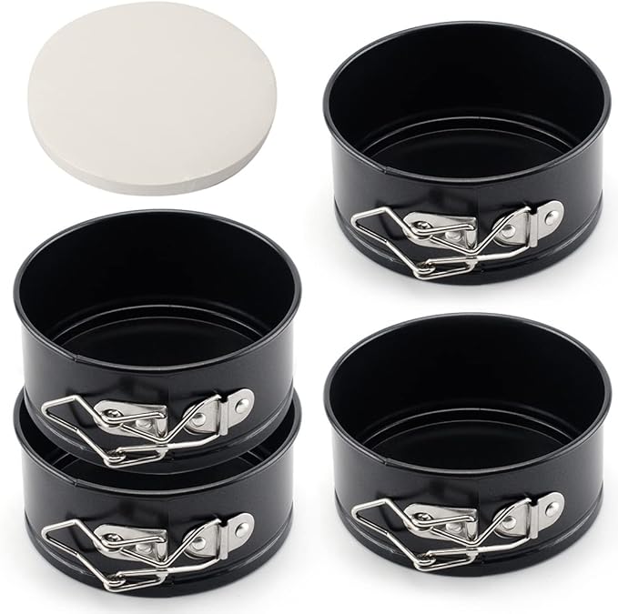 Tellshun 4 Pack Small Springform Cheesecakes Pan Tins Set 4 Inch Mini Baking Mold 4 Pieces Round Leakproof Nonstick Removable Bottom Bakeware for Pie Pizzas and Quiches Includes 50Pcs Parchment Paper