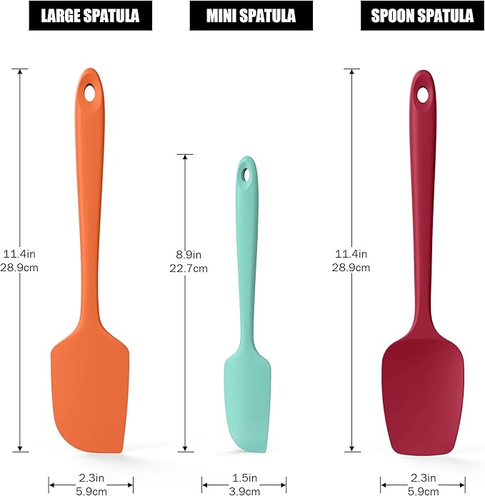 3-Piece Silicone Spatula Scrapers: Doosu 600°F Heat Resistant Food Grade Kitchen BPA Free Rubber Baking Cooking Tool Nonstick Utensil Set for Mixing, Scraping, Folding, Stirring, Serving (Multi-5)