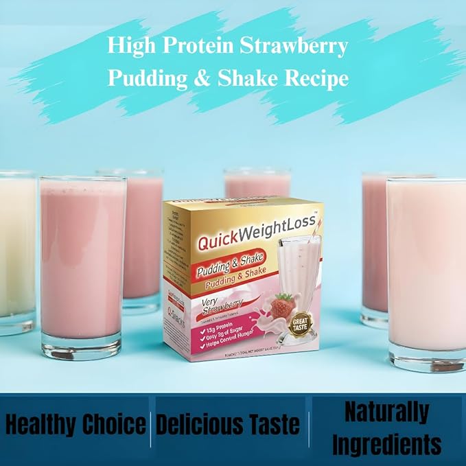 QuickWeightLoss Very Strawberry Pudding & Shake Mix - High Protein Shake - Low Calorie - Low Fat - Low Carb - Gluten Free, Aspartame Free - 15g Protein (7ct) / Box