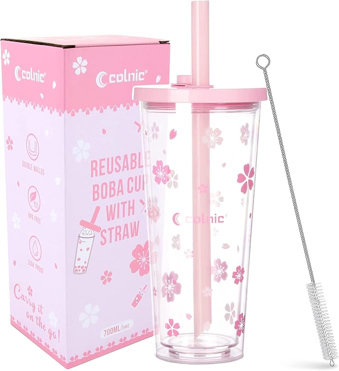 Reusable Plastic Boba Cup With Lids And Straws, 24Oz/700ml Smoothie Cups, Iced Coffee Cup, Leakproof Kawaii Cup, Boba Tumbler With Boba Reusable Straw,Double Wall Clear Bubble Tea Cup
