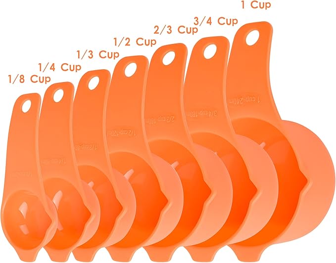 Orange Measuring Cups and Spoons Set 15, 7 Plastic Measuring Cup Set, 7 Spice Long Handle Measuring Spoons with 1 Leveler for Kitchen and Baking, Dry Metric Measure Cups & Spoons Set