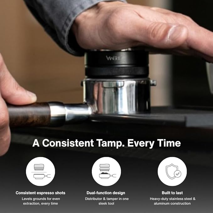 Crema Coffee Products 51mm Hand Tamper & Coffee Distributor|Compatible with Delonghi Dedica & La Specialista Portafilter|Double-Sided,Adjustable Depth Tool|Made with Durable 304 Stainless Steel|Silver