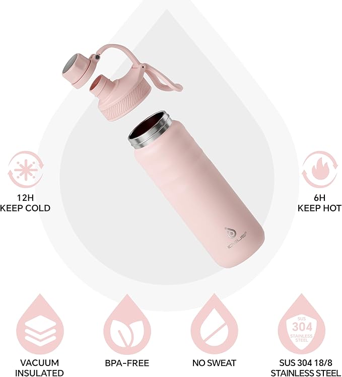 IDEUS Insulated Stainless Steel Water Bottle with 2 Leak-Proof Lids, Thermal Water Flask for Hiking Biking, 24oz, Light Pink