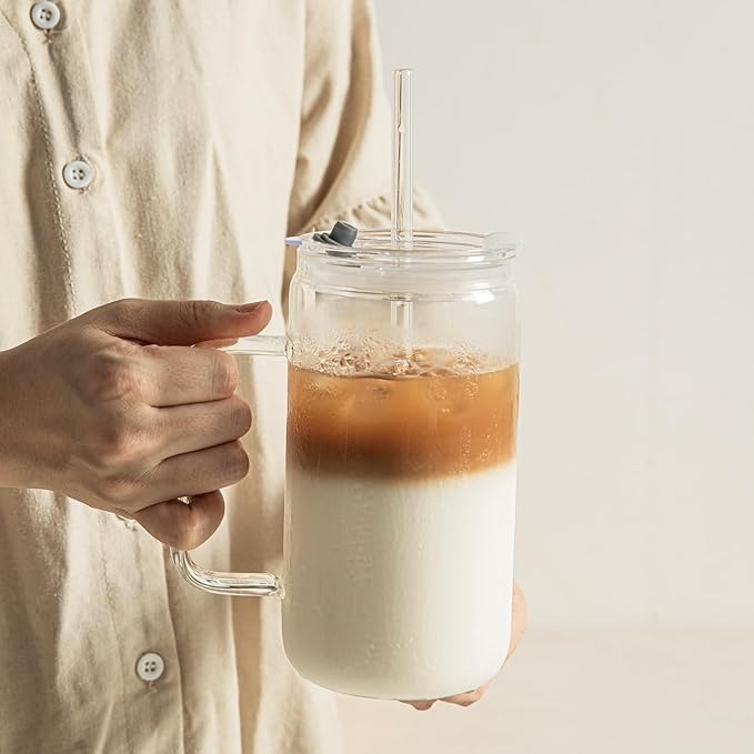 24oz Glass Tumbler with Lid and Straw - Leak Proof Travel Cup with Handle, Reusable Drinking Glass for Iced Coffee, Smoothies & Tea, Dishwasher Safe Spill-Proof Water Bottle for Home, Office, Gym