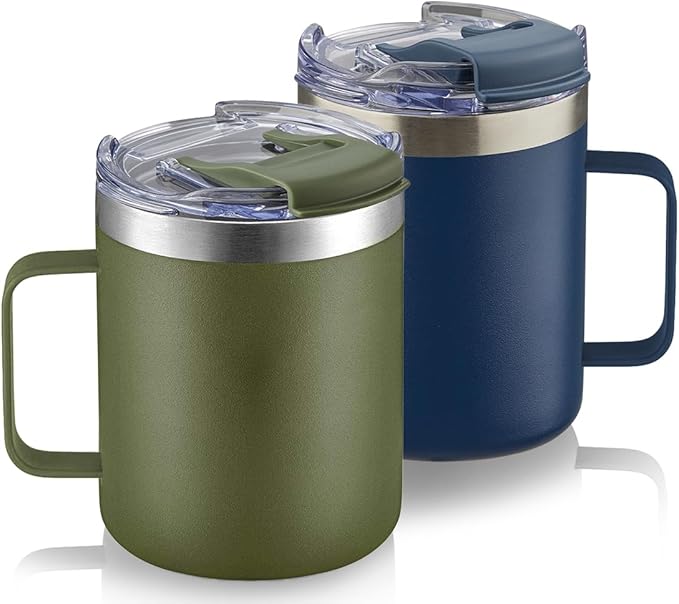 ALOUFEA 12oz Stainless Steel Insulated Coffee Mug with Handle, Double Wall Vacuum Travel Mug, Tumbler Cup with Fliping Lid, Navy and Army Green