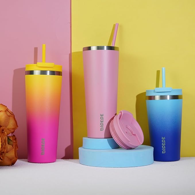 BJPKPK 18oz Insulated Tumbler With lid And Straw Stainless Steel Tumblers Travel Coffee Mug Reusable Thermal Cup,Sky