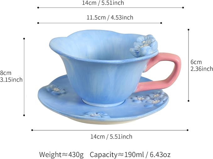 Floral Tea Cups and Saucers, Ceramic Cute Coffee Mug for Women Tea Party, Cappuccino Latte Milk (Blue)