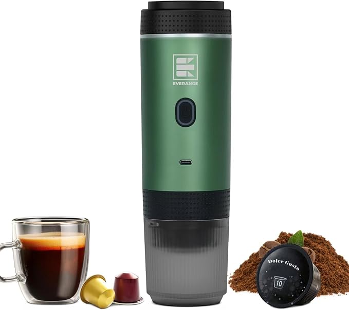 Portable Electric Espresso Machine, Car Coffee Maker for Travel Camping, Battery Powered Coffee Brewer Compatible with Ground Coffee & NS Capsules, Green