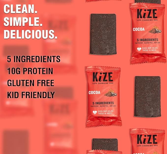 KiZE Energy Bars - Cocoa - 20-Count - Gluten Free, Non-GMO, and High Protein Meal Replacement Energy Bars, Clean and Simple Food Ingredients - 10g High Protein Snacks (20 Count)