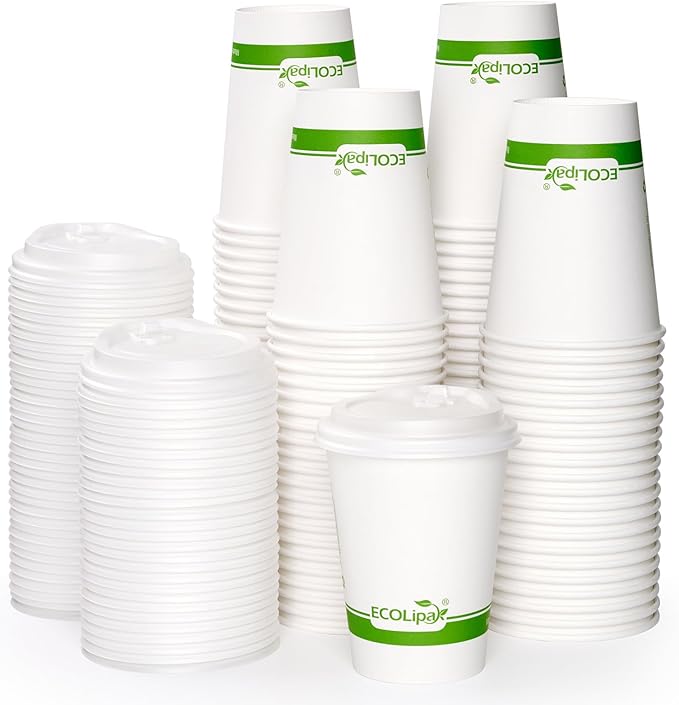 ECOLipak 100 Count 12 oz Compostable Paper Coffee Cups, Biodegradable Disposable Coffee Cups with CPLA Lid, Eco-friendly Hot Drinking Cups for Party, Picnic, Travel, and Events