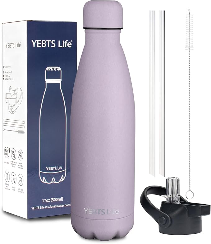 Insulated Water Bottle, 17oz Stainless Steel Water Bottles with straw lid, Metal Sports Water Bottles for Boys,Girls, Double Wall Vacuum BPA-Free Flask for School, Sports (Light purple)