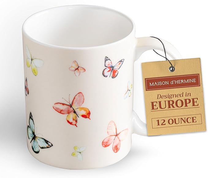 Maison d' Hermine Coffee Mug with Handles Fine Bone China Mugs Pack of One Tea Cups for Hot Beverages Cappuccino Latte Home Restaurant Office Perfect for Gift (Botanical Fresh - Butterflies, 12 Ounce)