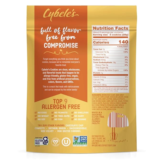 Cybele’s Free To Eat Gluten-Free & Vegan Mini Cookies - Plant-Based - Dairy, Soy, & Nut Free - Crunchy Cookie - School Safe Snack For Kids & Adults - (Mini Chocolate Chip, Pack of 6)