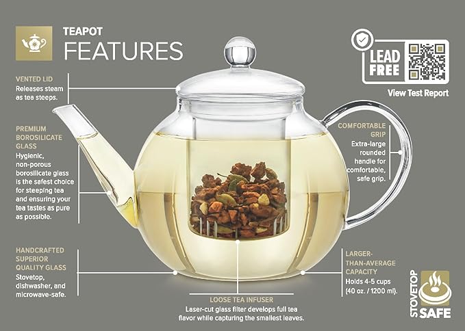 Teabloom Complete Tea Set – Glass Teapot (40 oz), Loose Tea Glass Infuser, 4 Insulated Glass Teacups, Tea Warmer, and 12 Flowering Teas – Elegant Blooming Tea Gift Set
