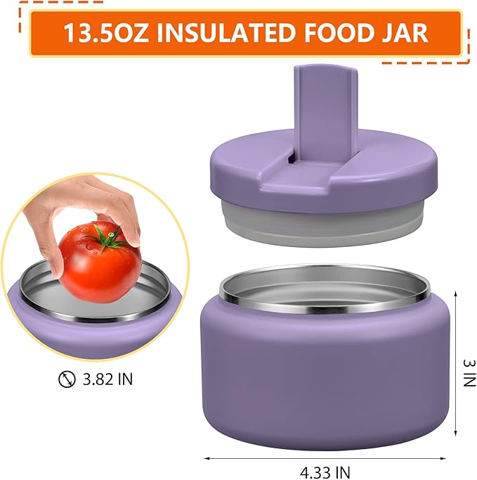 13.5oz Kids Thermos for Hot Food, Insulated Vacuum Food Jar with Buckle Lid, Stainless Steel Wide Mouth Leak Proof Insulated Lunch Container for School Picnic Travel,Purple