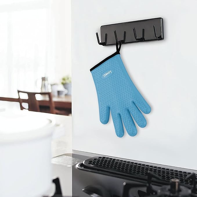 Kitchen Oven Gloves - Dual-Layer Heat Resistant Grilling Gloves, Silicone Oven Mitts with 5 Fingers, Waterproof Non-Slip Pot Holder for Barbecue, Cooking, Baking (XL-XXXL, Blue)