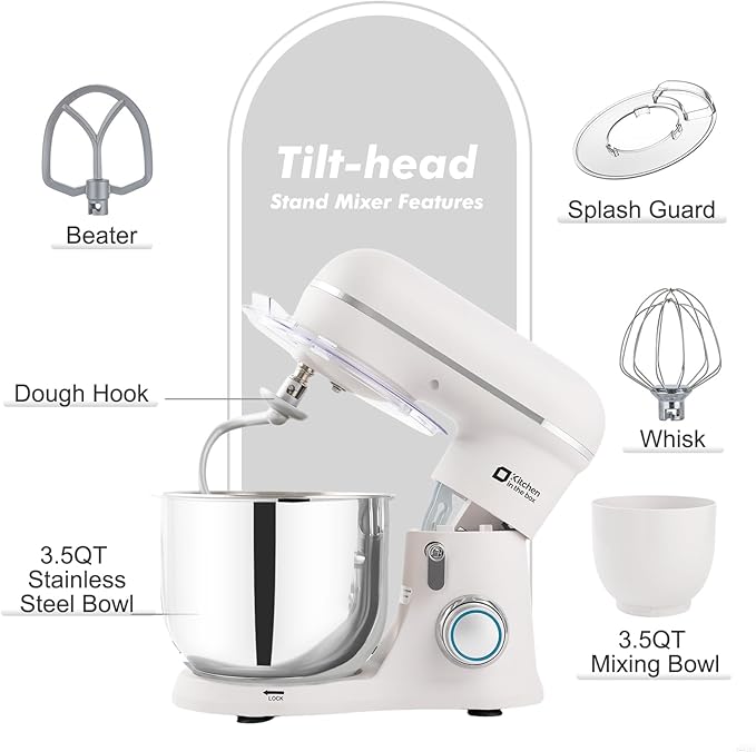 Kitchen in the Box Stand Mixer, 3.5QT Two Bowls Small Kitchen Electric Mixer, 10-Speed Portable Lightweight with Matte Finish, Egg Whisk, Dough Hook, Beater (Frost White, 3.5QT)