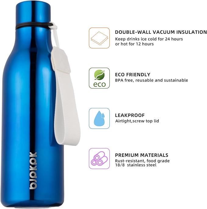 BJPKPK Insulated Water Bottles, 18 oz Stainless Steel Metal Water Bottle with Strap, BPA Free Leak Proof Thermos, Mugs, Flasks, Reusable Water Bottle for Sports & Travel, Shining Blue