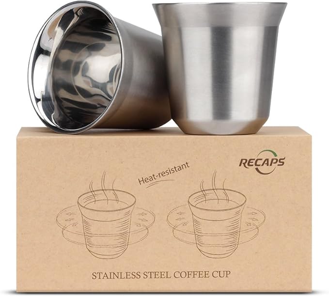 RECAPS 80ml Stainless Steel Espresso Cups Set - 2 Pack Double Wall 304 Stainless Steel Demitasse Cups 2.7oz (Small Cup)