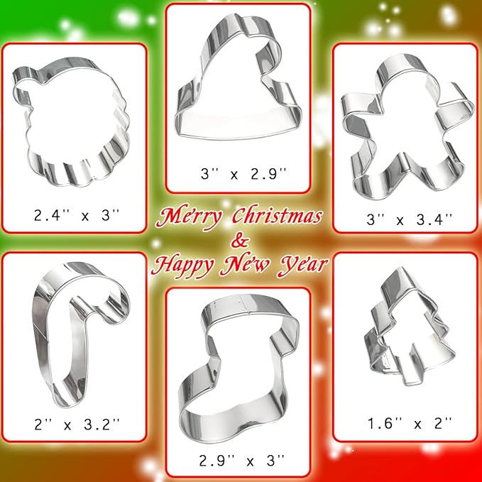 Christmas Cookie Cutters Large 6Pcs, Metal Christmas Hat Socks Candy Canes Santa Claus Ginger Man Mini Tree Shapes Cookie Cutters, 430 Stainless Steel Biscuit Fondant Doubt Cutter