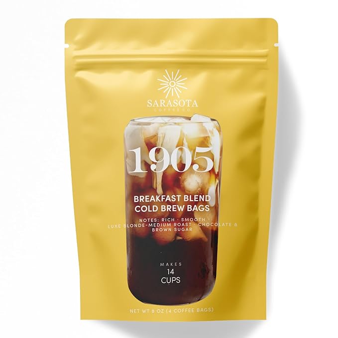Sarasota Coffee 1905 Cold Brew Coffee Bags | Breakfast Blend Blonde-Medium Roast | 100% Arabica | Smooth & Low Acid | Ground Pouches | Cold Brew Kit Makes 14 Cups | Rich & Smooth Flavor