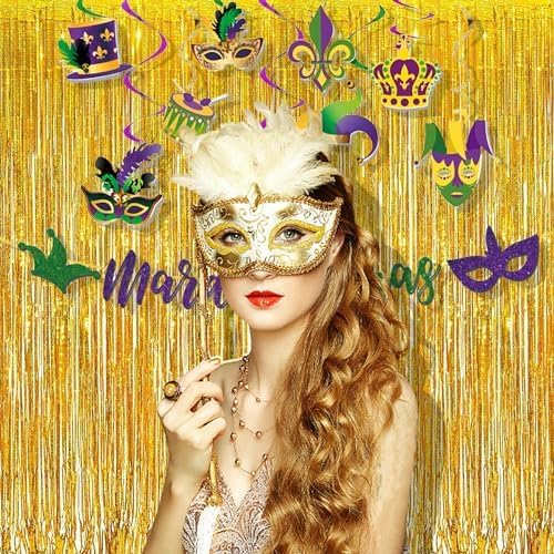 BRAVESHINE Gold Tinsel Foil Fringe Curtains - 2Pcs 3.2x8.2ft Holidays Photo Backdrop for Men 60th Birthdays/Bridal Wedding/Engagement/Anniversary/Hawaiian/Luau/Christmas/New Years Party Decorations
