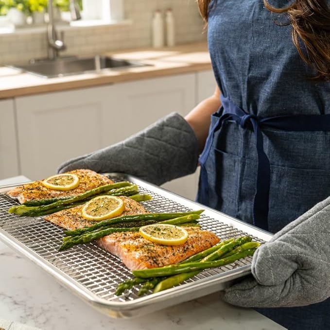 Ultra Cuisine Aluminum Baking Sheet with Stainless Steel Cooling Rack Set -Half Sheet Size Pan 13 x 18 inch, Durable Rimmed Sides, Easy Clean, Commercial Quality for Cooking and Roasting