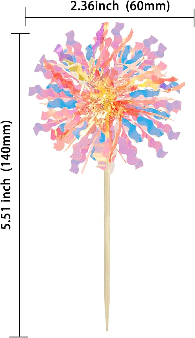 Ephlyn 30Pcs Foil Firework Cupcake Toppers Happy Birthday Cake Toppers Tinsel Flower Drink Stirrers Cocktail Food Fruit Toothpicks for Valentine's Day Party Decorations Orange
