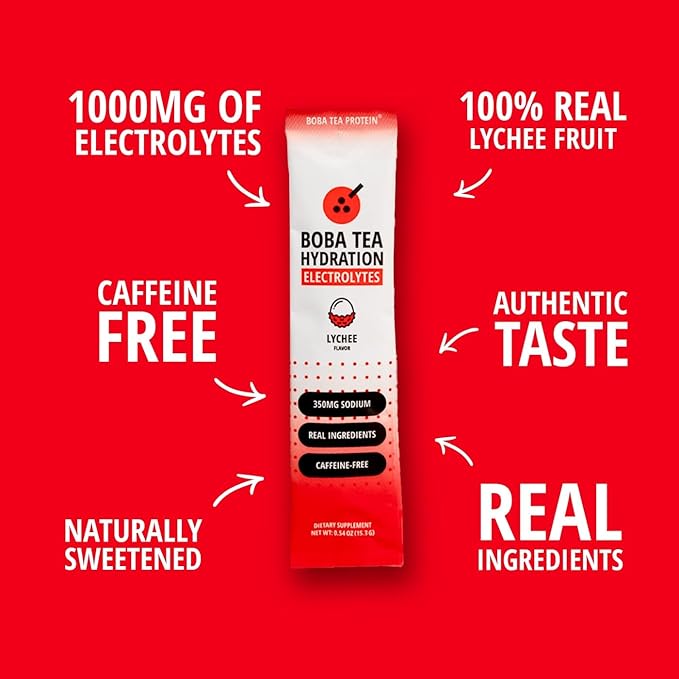 Boba Tea Hydration | Electrolyte Powder Drink Mix | Lychee | 1000mg Electrolytes, Vitamin C | 16 Stick Packets