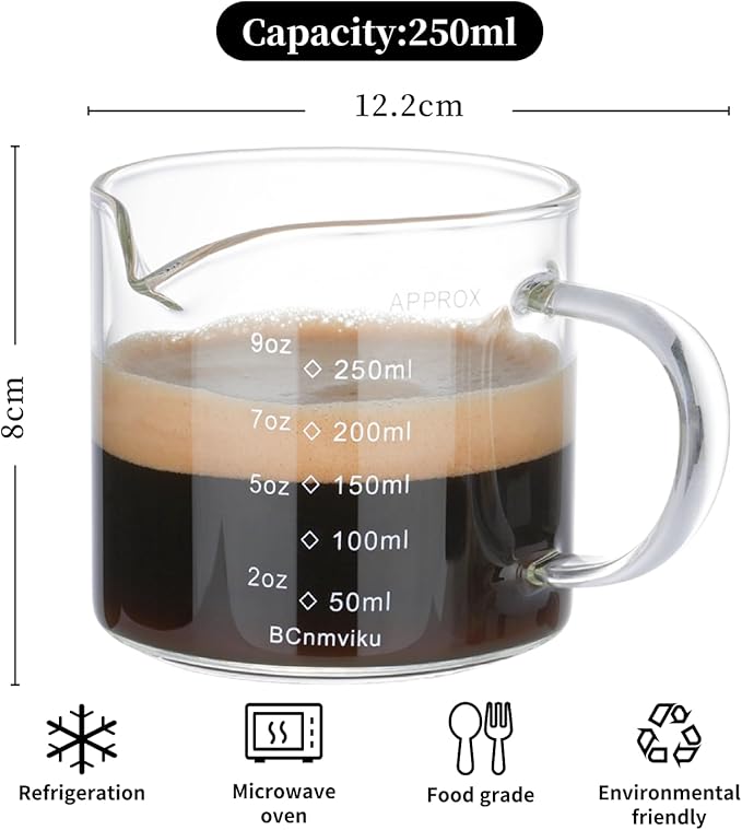 BCnmviku Espresso Cup Measuring Cup Triple Pitcher Milk Cup 250ML/8.5OZ Espresso Cups with Handle Shot Glass with V-Shaped Mouth Clear Accessories Milk Frothing Pitcher (1)