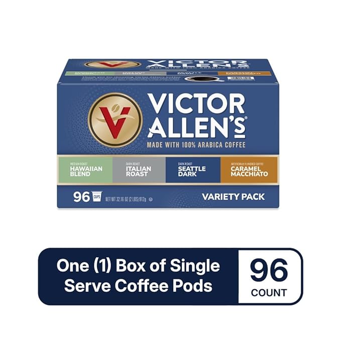Victor Allen's Coffee Variety Pack (Kona Blend, Italian Roast, Seattle Dark, Caramel Macchiato), 96 Count, Single Serve Coffee Pods for Keurig K-Cup Brewers