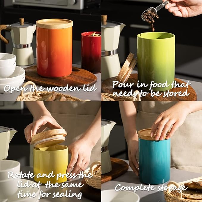 Sweejar Ceramic Food Storage Jar, Stackable Kitchen Canisters, Containers with Airtight Seal Wooden Lid for Serving Coffee Bean, Flour, Tea, Cookies, Spice and More - 58 Fl Oz (Gradient Orange)