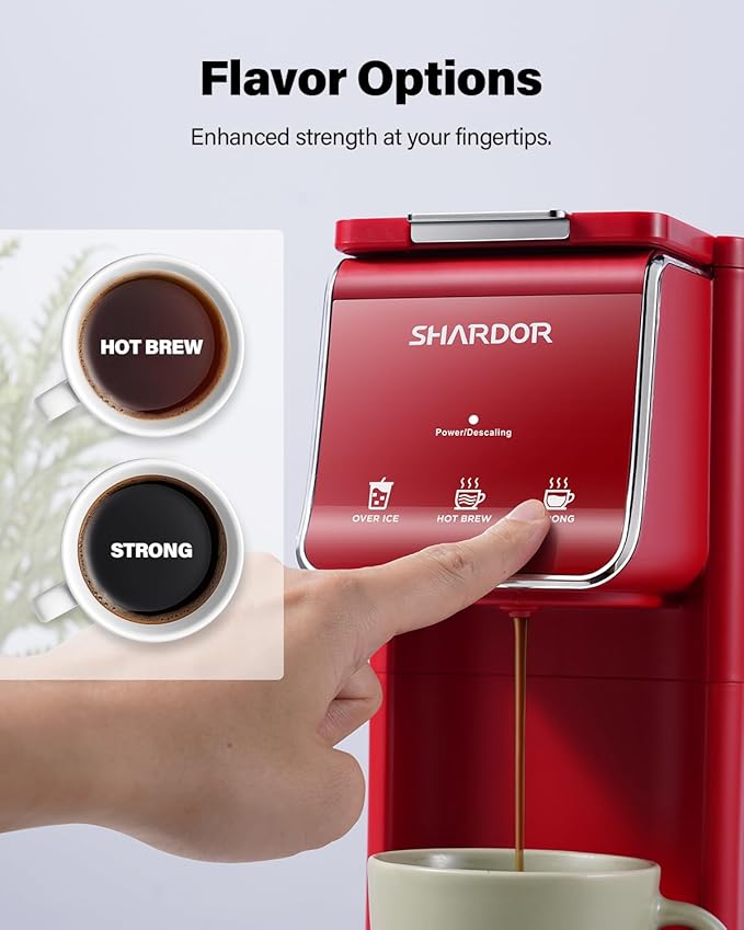 SHARDOR Hot & Iced Coffee Maker, K Cup Coffee Maker Compatible with Ground Coffee, Single Serve Coffee Machine with Bold Setting, Reusable Filter, Travel Mug Friendly, Compact Design, Red