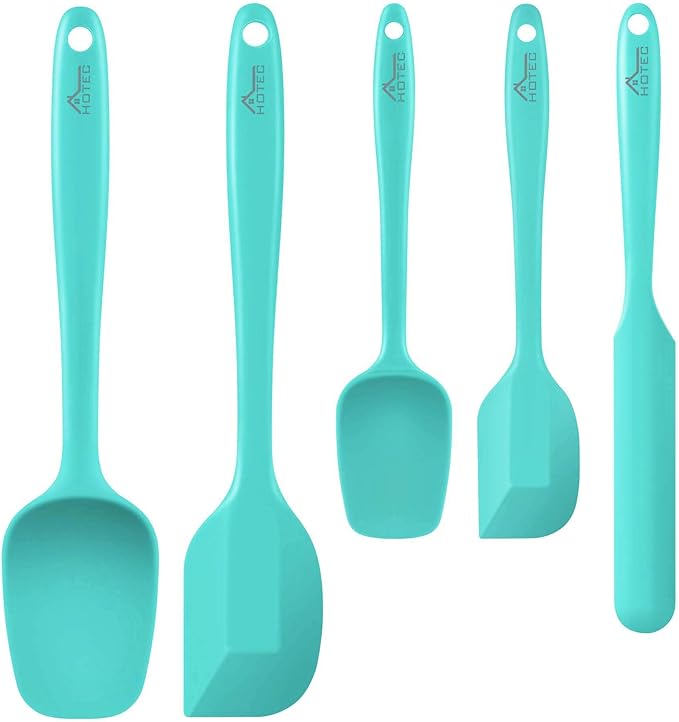 HOTEC 600℉ Heat Resistant BPA-Free Silicone Rubber Spatula Set,Kitchen Cooking Spatulas, Baking, Mixing for Non Stick Cookware, Dishwasher Safe, Set of 5 Aqua Sky
