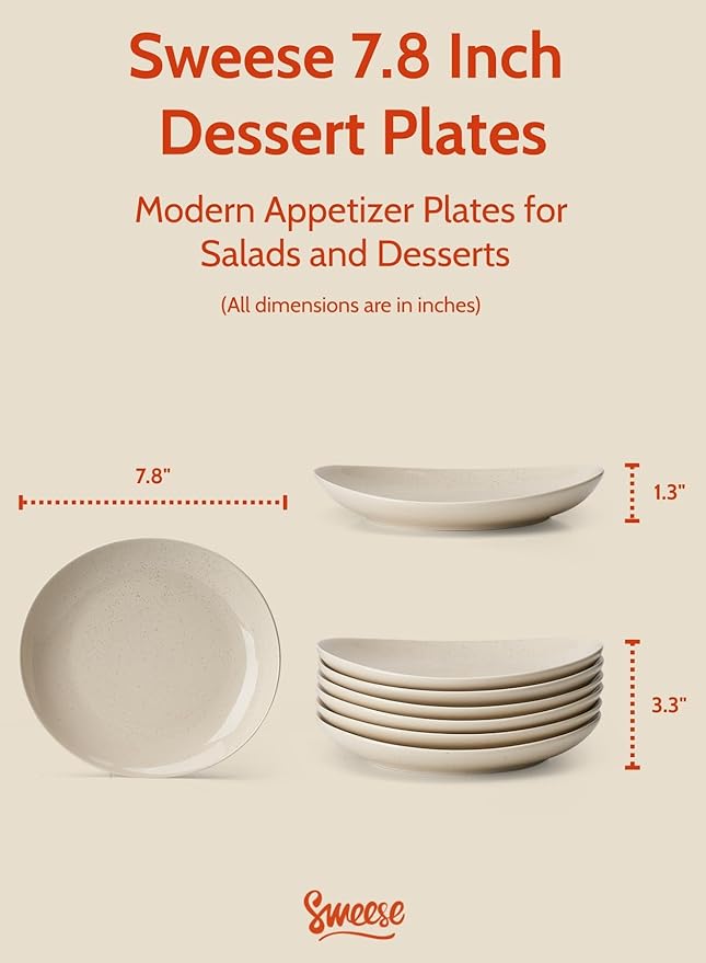 Sweese 7.8" Porcelain Dessert Plates, Beige, Set of 6 - Scratch-Resistant, Microwave Oven Safe Appetizer Plates