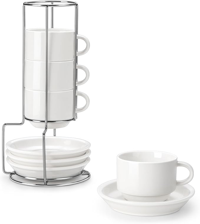 MALACASA 4 OZ Porcelain Espresso Cups with Saucers and Metal Stand Set of 4, Stackable Cappuccino Cups, White Expresso Shots Cup Set for Coffee Drinks, Latte, Tea